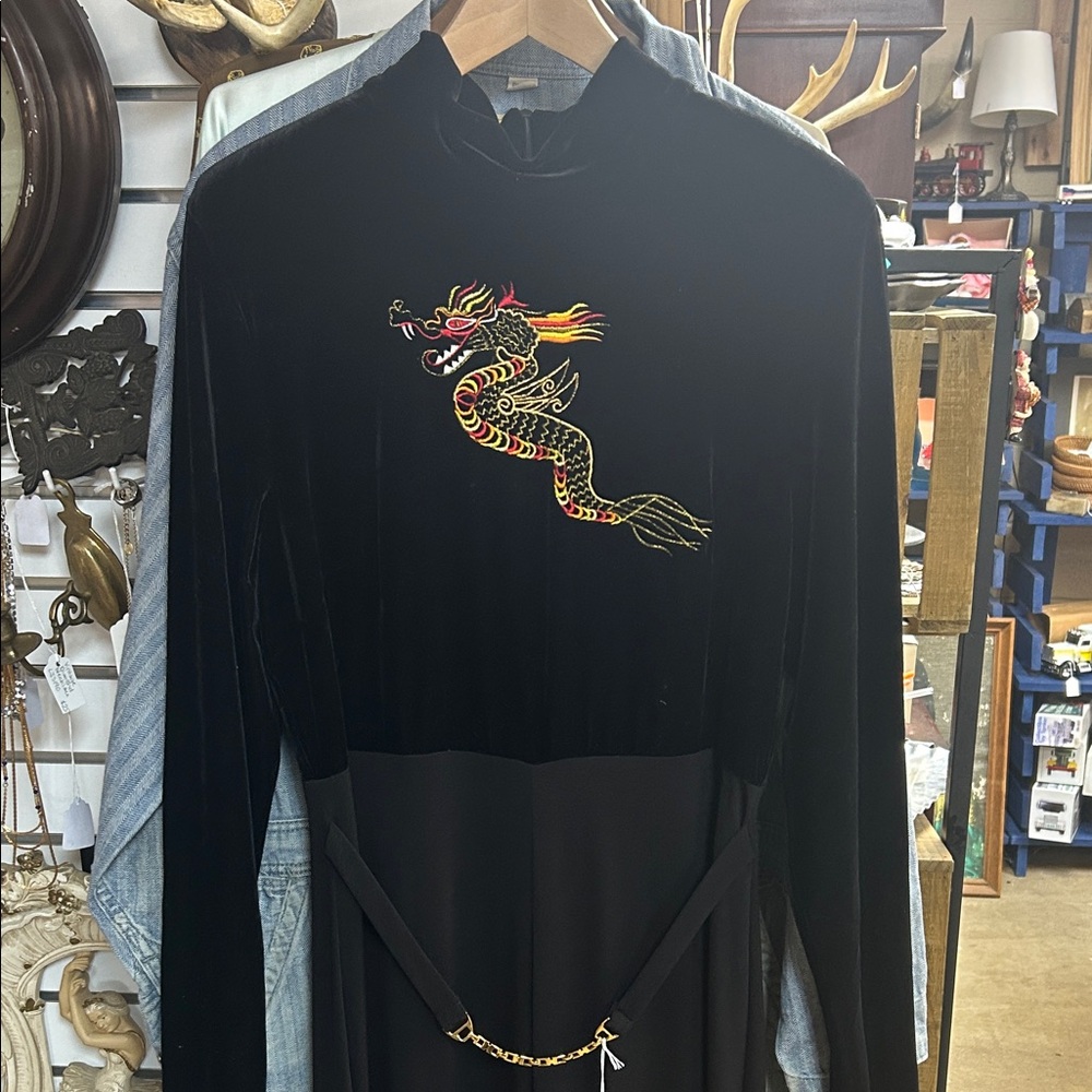 Vintage Lew Magram Black Velvet One Piece Jumpsuit with Dragon Embroidery